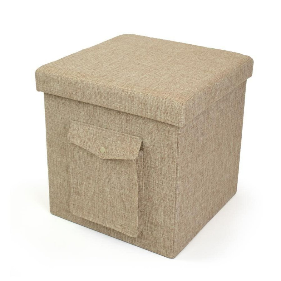 Online * 15 In. X 15 In. X 15 In. Khaki Folding Storage Ottoman Cube With Exterior Multi-Purpose Pocket By Humble Crew