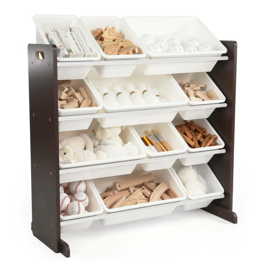 Online * Espresso Collection Espresso And White Kids Toy Storage Organizer With 12 Plastic Bins By Humble Crew