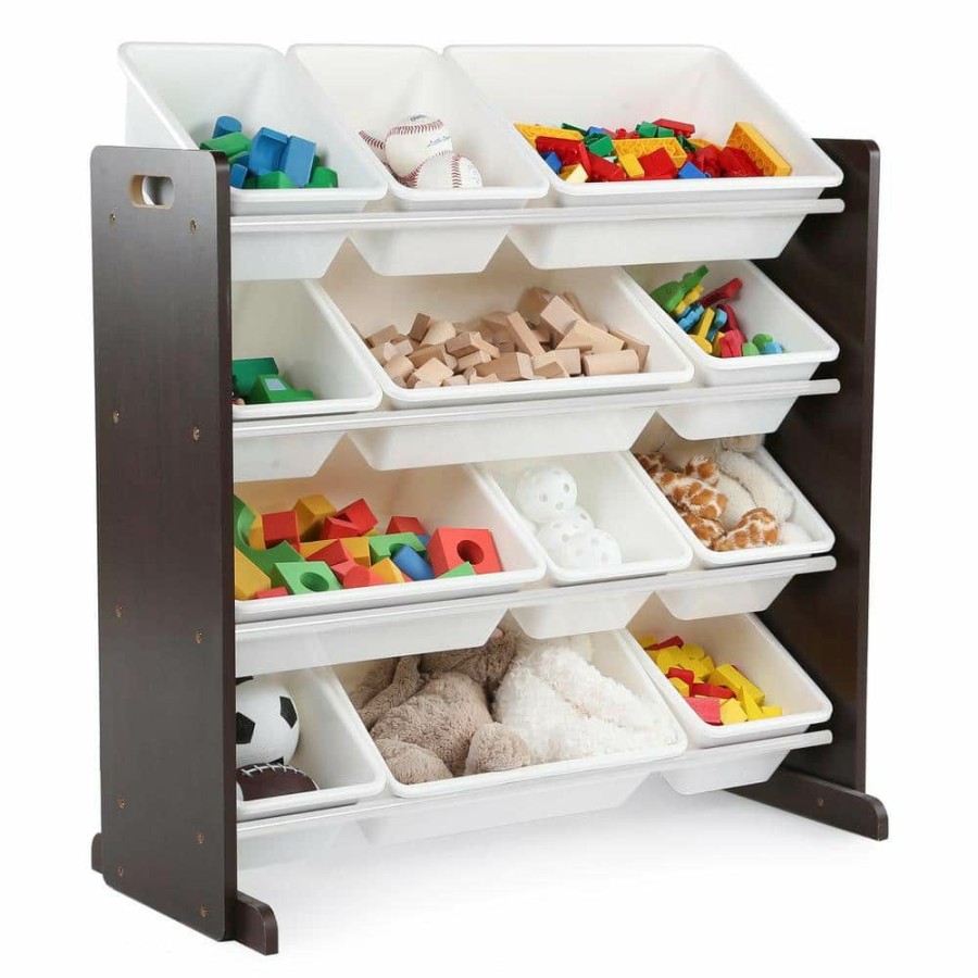 Online * Espresso Collection Espresso And White Kids Toy Storage Organizer With 12 Plastic Bins By Humble Crew