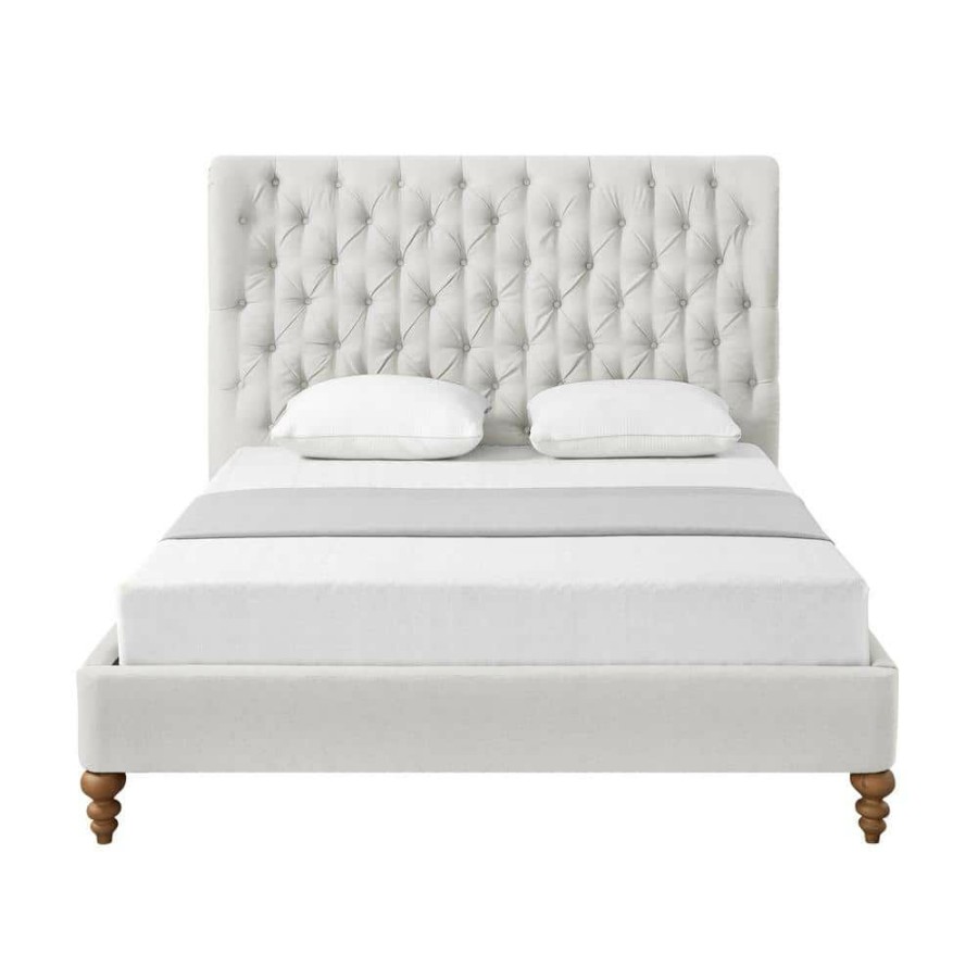 Clearance * Cream White Belrose Linen Queen Bed Frame With Tufted Headboard By Shabby Chic