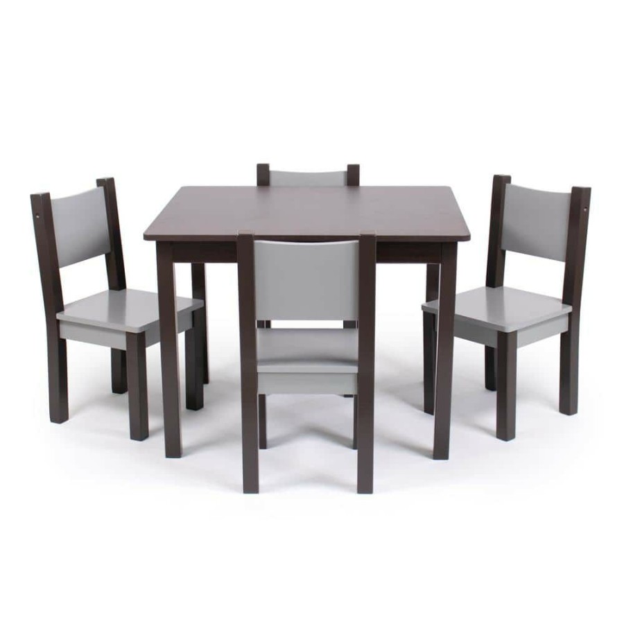 New * Sumatra 5-Piece Modern Espresso / Grey Rectangle Top Wood Toddler Table And Chair Set By Humble Crew