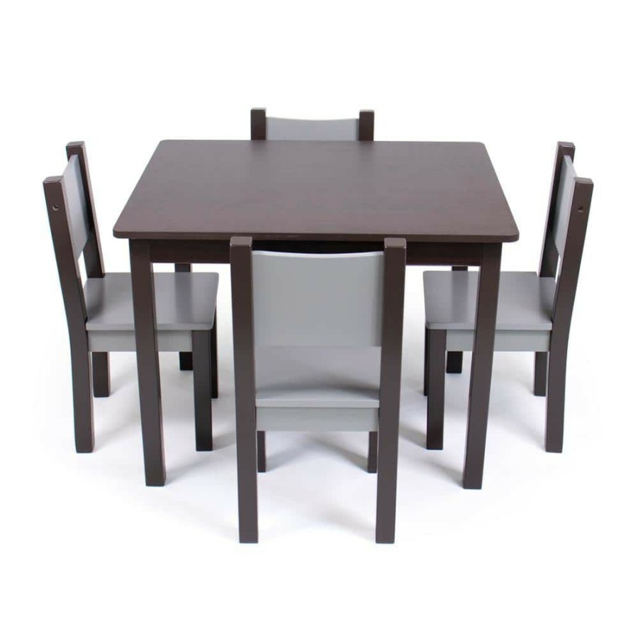 New * Sumatra 5-Piece Modern Espresso / Grey Rectangle Top Wood Toddler Table And Chair Set By Humble Crew