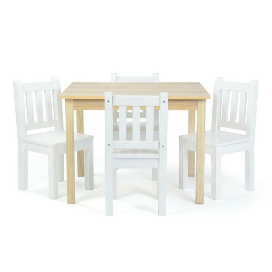 New * Journey 5-Piece Kids Natural / White Rectangle Top Wood Table And 4 Chair Set By Humble Crew