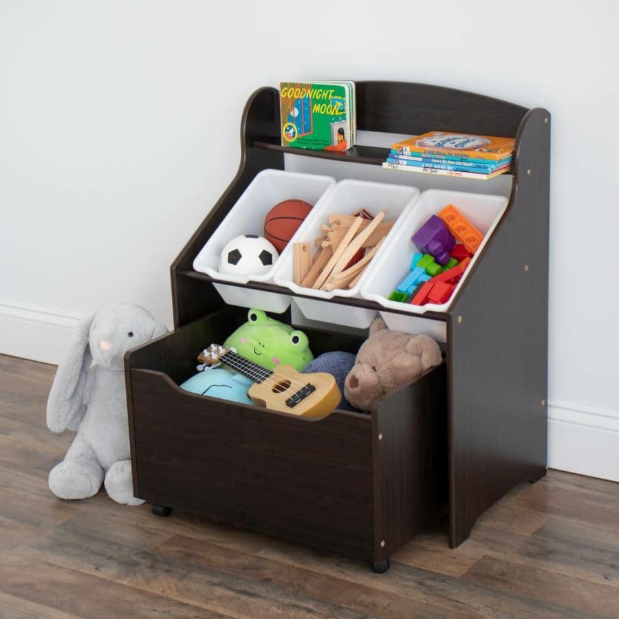 Online * Espresso Collection Espresso/White 3-Tier Storage Organizer With Rolling Toy Box By Humble Crew