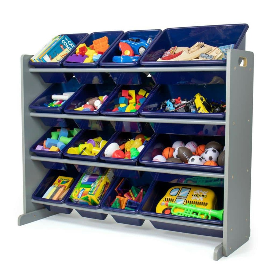 Clearance * Newport Navy 31 H Engineered Wood Super Sized Toy Storage Organizer With 16 Plastic Storage Bins By Humble Crew