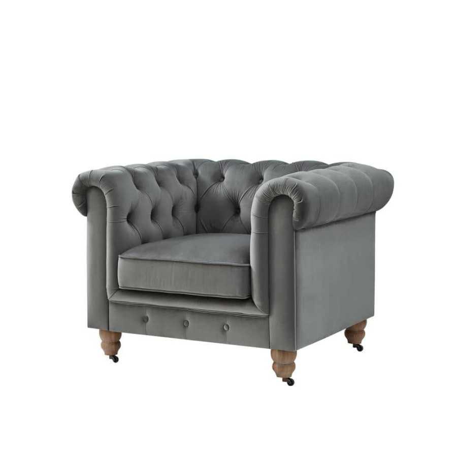 Clearance * Macey Dark Grey Club Chair Button Tufted Velvet 42 In. L X 33.5 In. W X 30.3 In. H By Shabby Chic