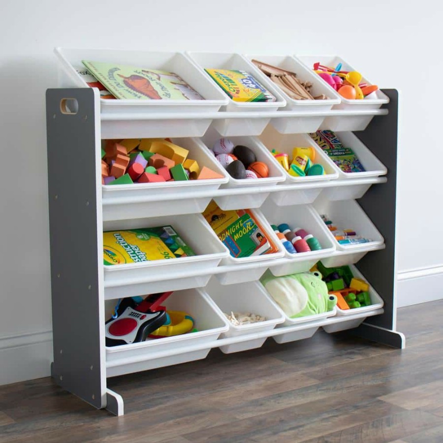 Clearance * Soho Grey/White Toy Organizer With 16 Storage Bins, 31 In. H X 42 In. W X 15.5 In. D By Humble Crew