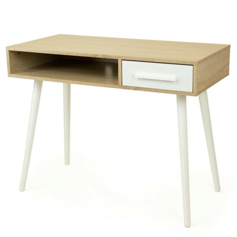 New * Stockholm Writing Desk With Shelf And Drawer Storage, Light Wood/White By Humble Crew