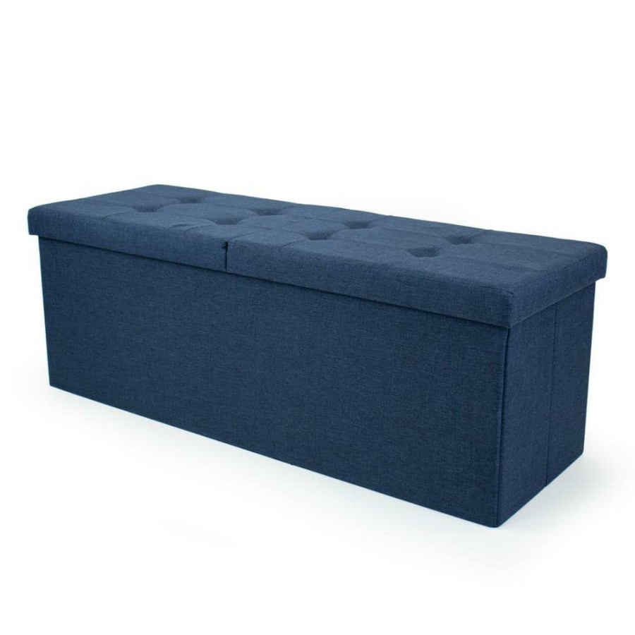 Wholesale * 43 In. Blue Folding Storage Ottoman Bench With Tufted Padded Flip Lid By Humble Crew