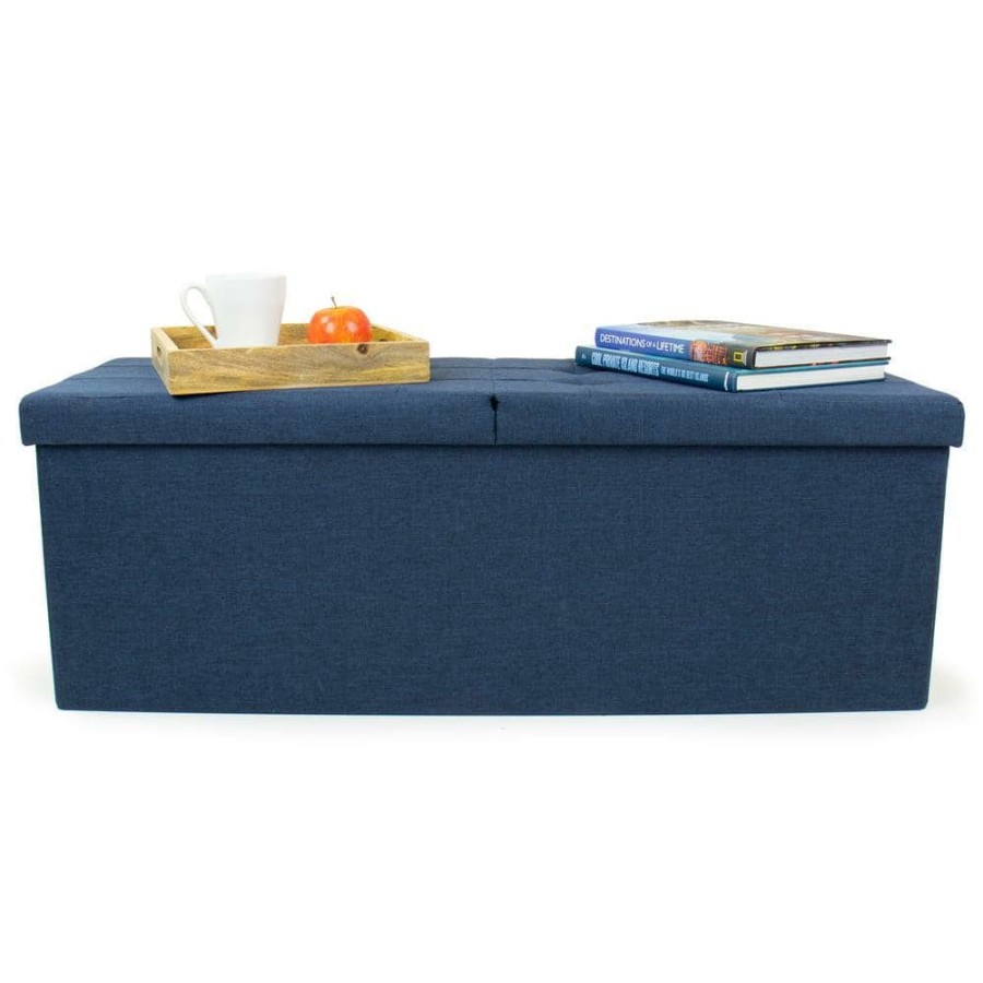 Wholesale * 43 In. Blue Folding Storage Ottoman Bench With Tufted Padded Flip Lid By Humble Crew