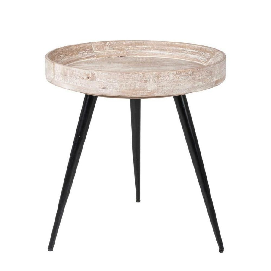 New * 20 In. Whitewash Round Wood And Iron Accent Table By East At Main