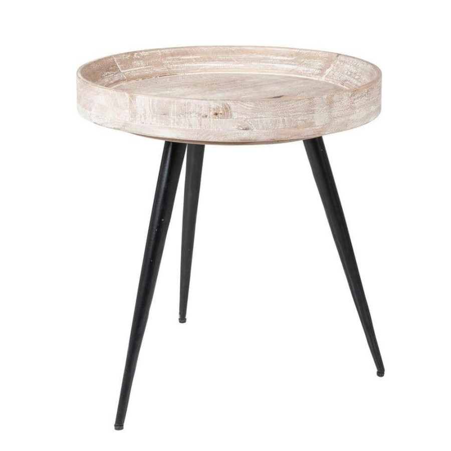 New * 20 In. Whitewash Round Wood And Iron Accent Table By East At Main